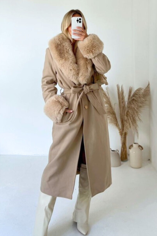 Hazel beige felt faux fur long coat