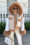 Morgan beige shearling faux fur hood jacket