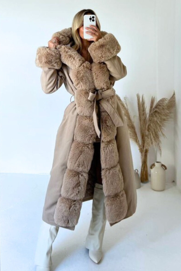 Nancy beige felt faux fur long coat