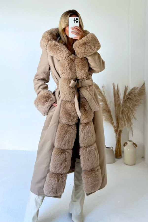 Nancy beige felt faux fur long coat