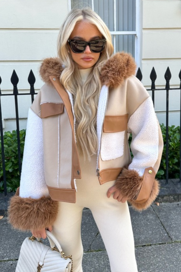 Morgan beige shearling faux fur hood jacket