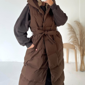 Jasmine chocolate brown padded long hooded gilet