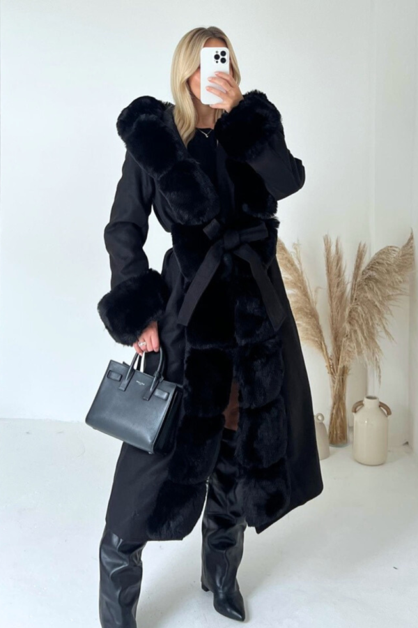 Nancy black felt faux fur long coat