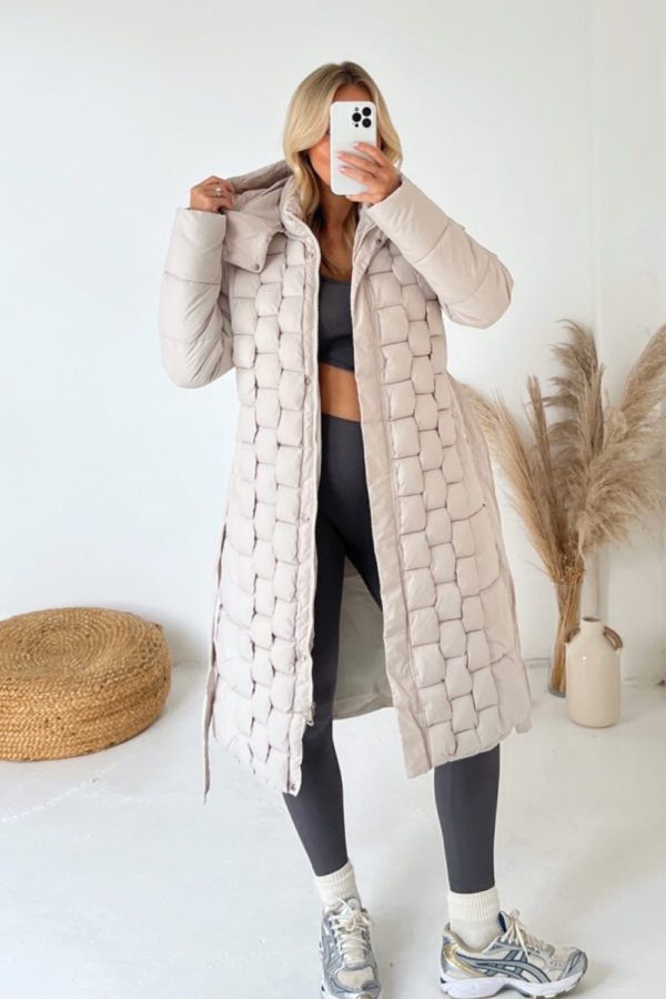 Maya beige woven long puffer coat