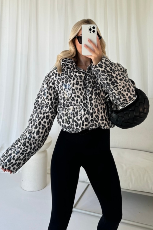 Kelly grey leopard sequin puffer coat