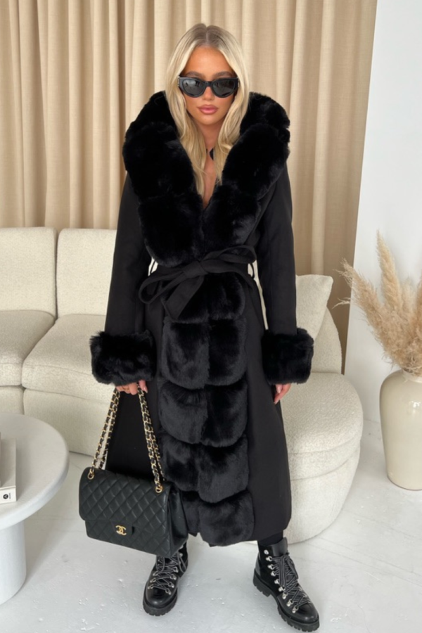 Nancy black felt faux fur long coat