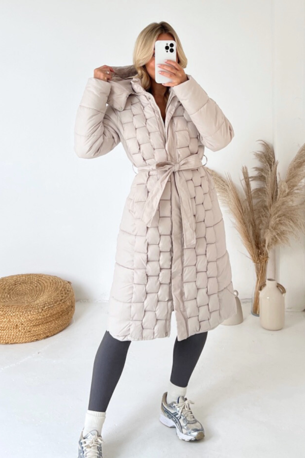 Maya beige woven long puffer coat