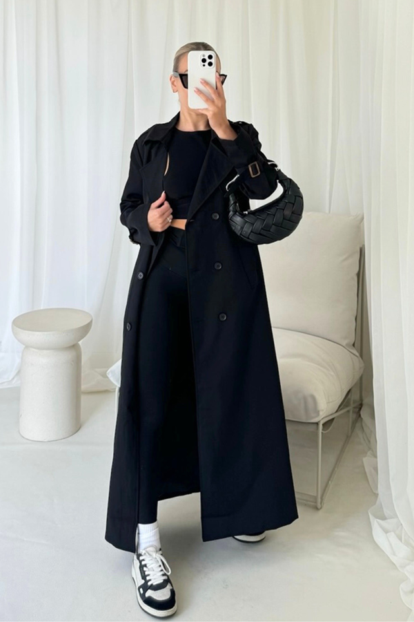 Mollie black long trench coat