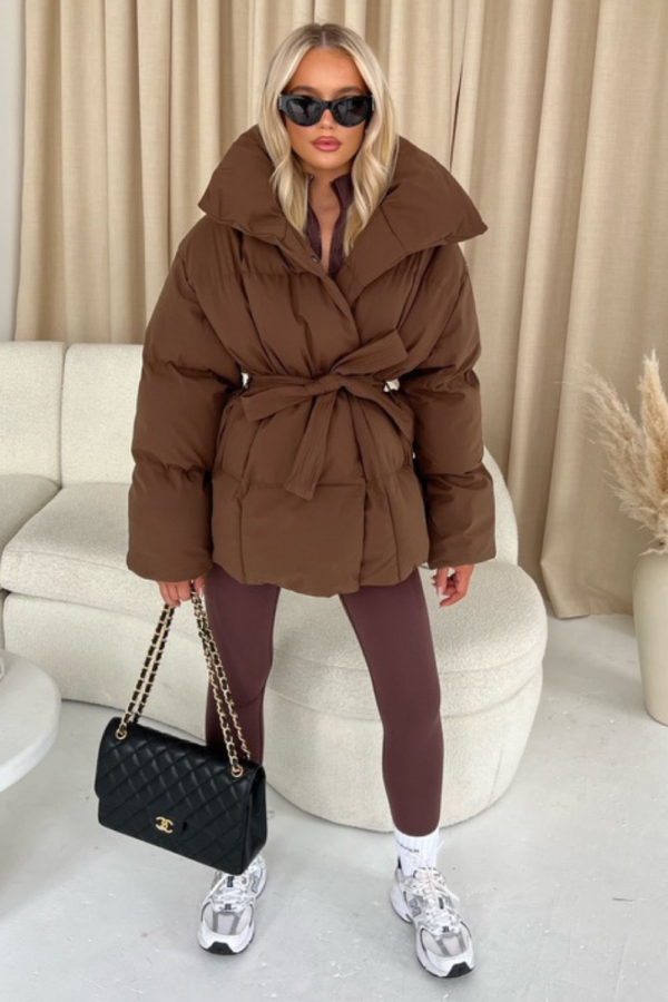 Alaska chocolate brown short padded duvet button up coat