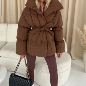 Alaska chocolate brown short padded duvet button up coat