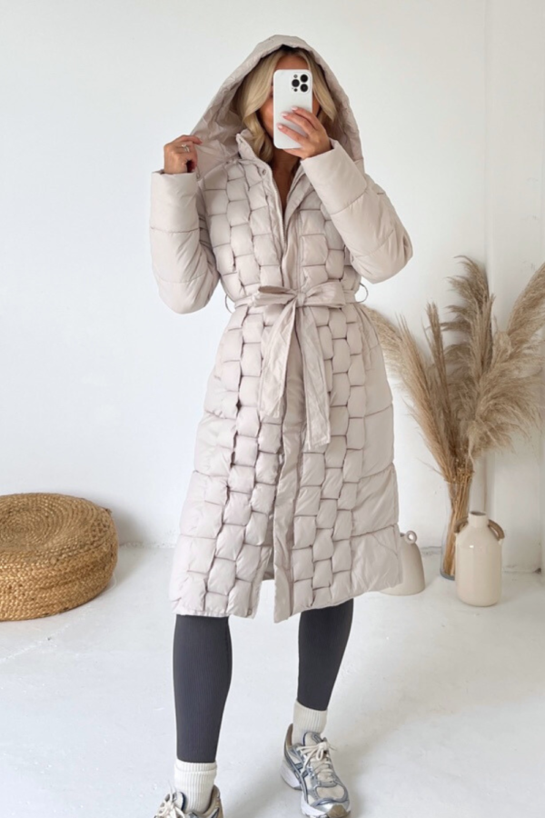 Maya beige woven long puffer coat