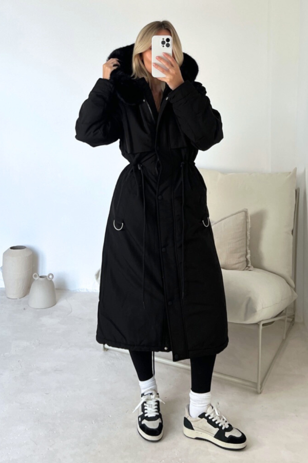 Freya black hooded faux fur duvet coat