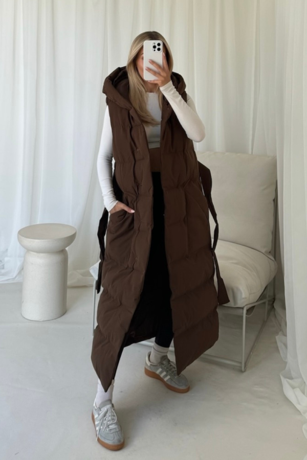 Jasmine chocolate brown padded long hooded gilet