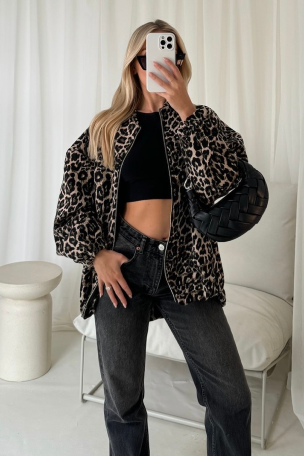 Mila leopard jacquard oversized bomber jacket